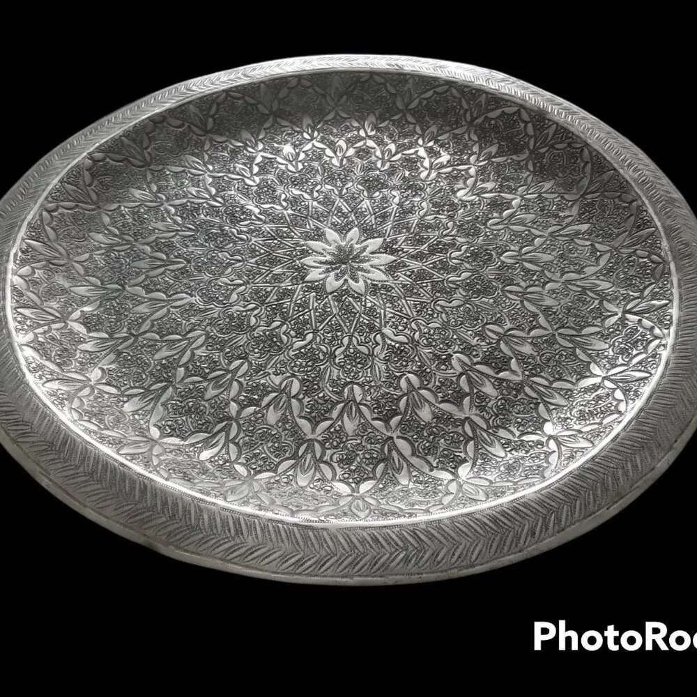 Antique Silver Toned Aluminum Moroccan Tea Tray Wall Hanging - Picture 2 of 5